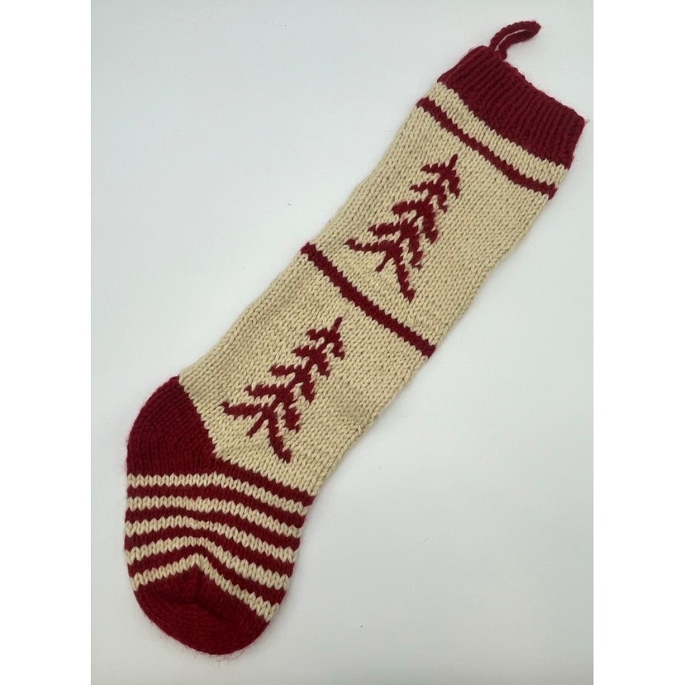 POTTERY BARN Christmas Stocking Red Ivory Chunky Knit Pine Tree‎ Striped Hook